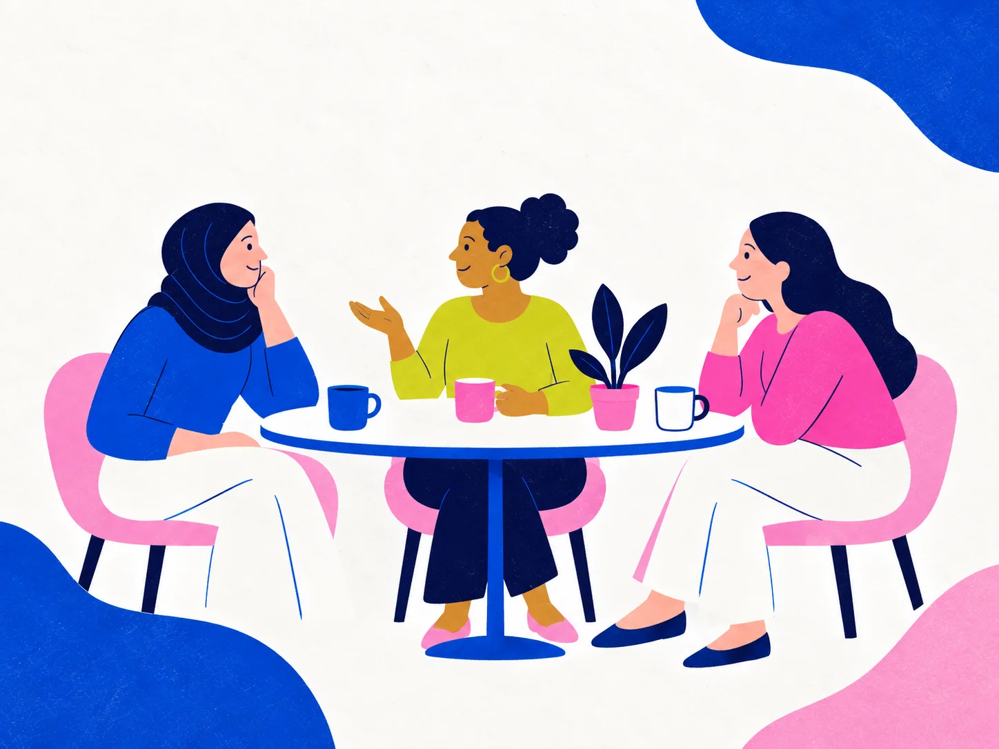 Illustration of the Cradle woman character in conversation with two women