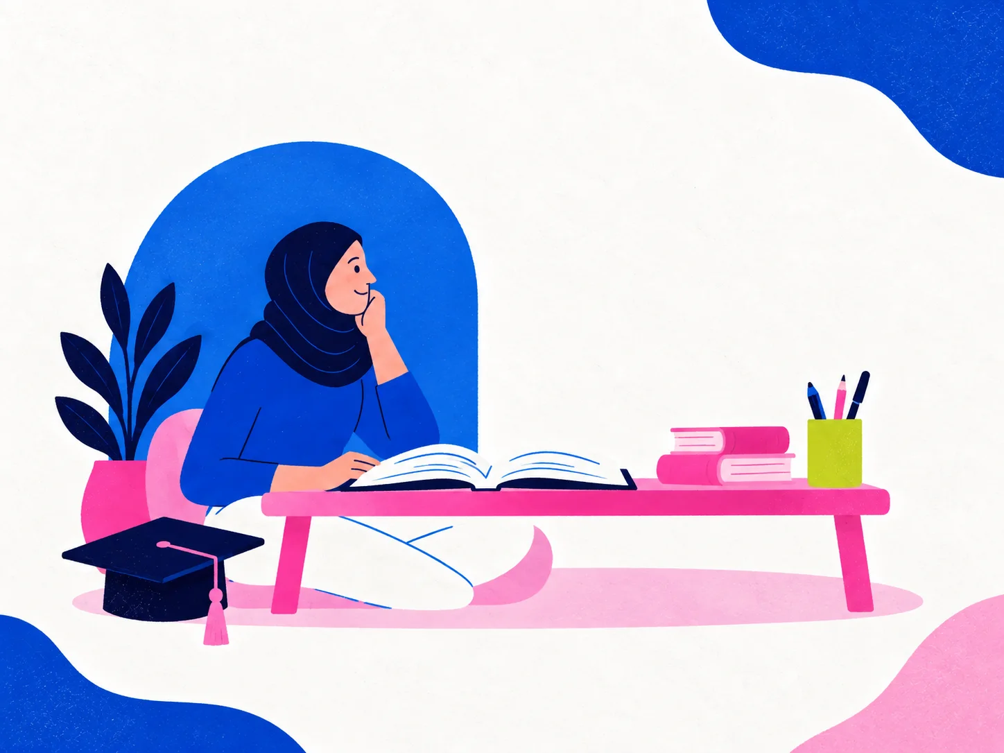 Illustration of the Cradle woman character studying with books and a graduation cap