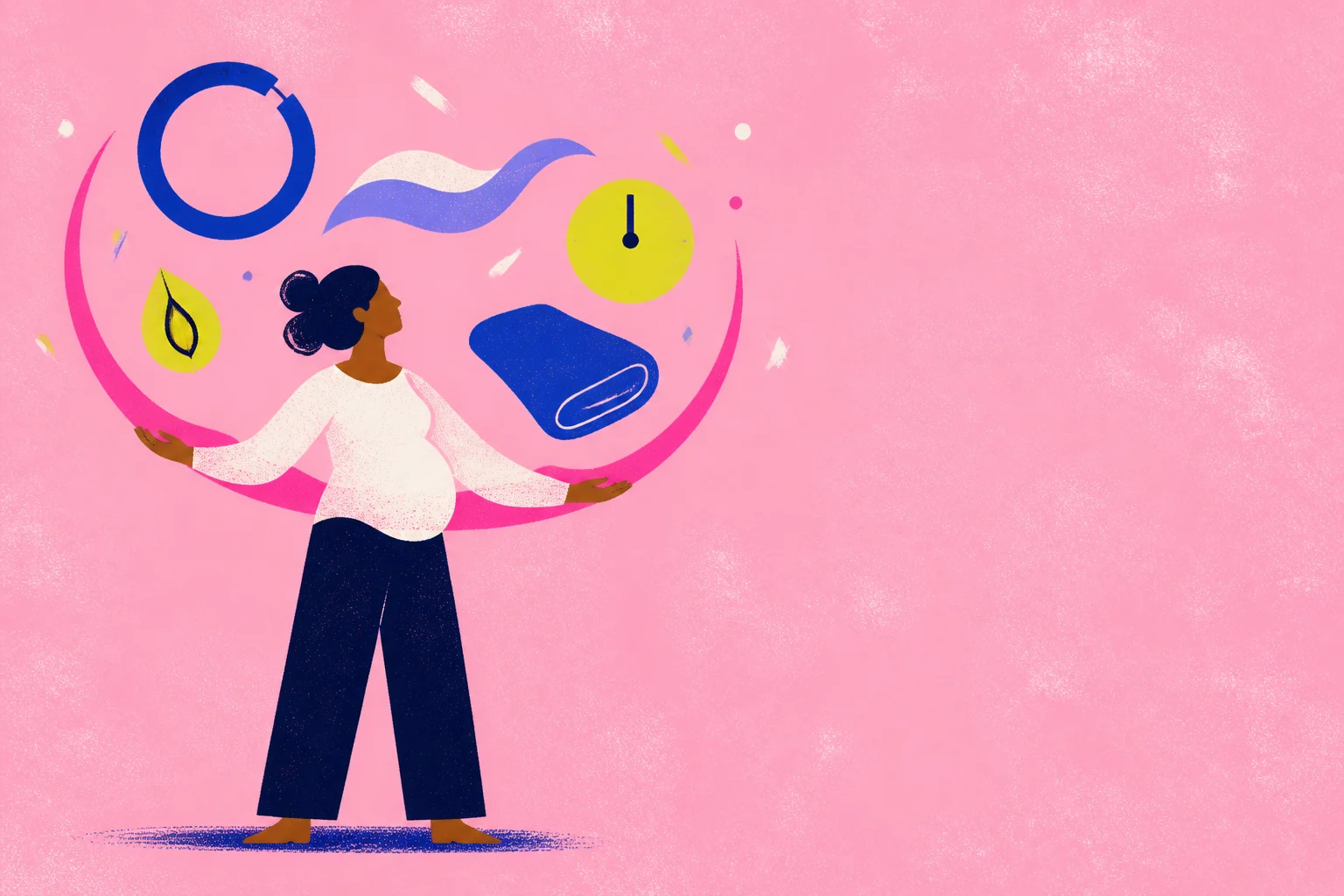 An abstract parent surrounded by symbols of time, care, and emotional load